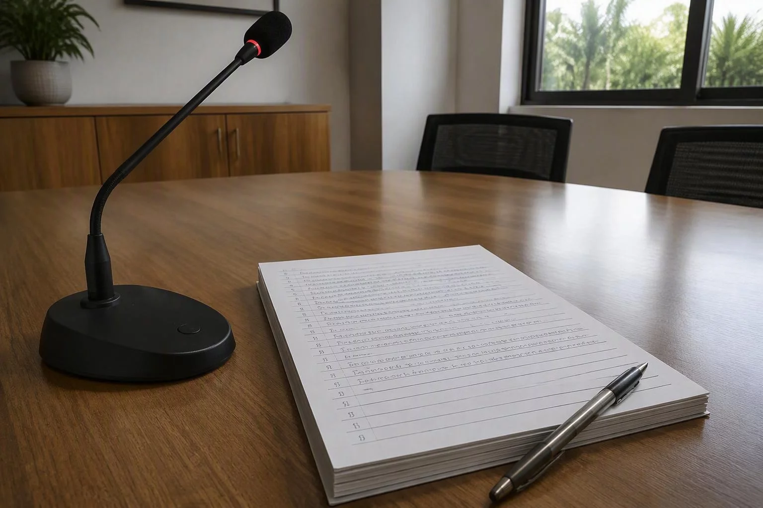 Microfone de mesa ao lado de um bloco de pauta preenchido