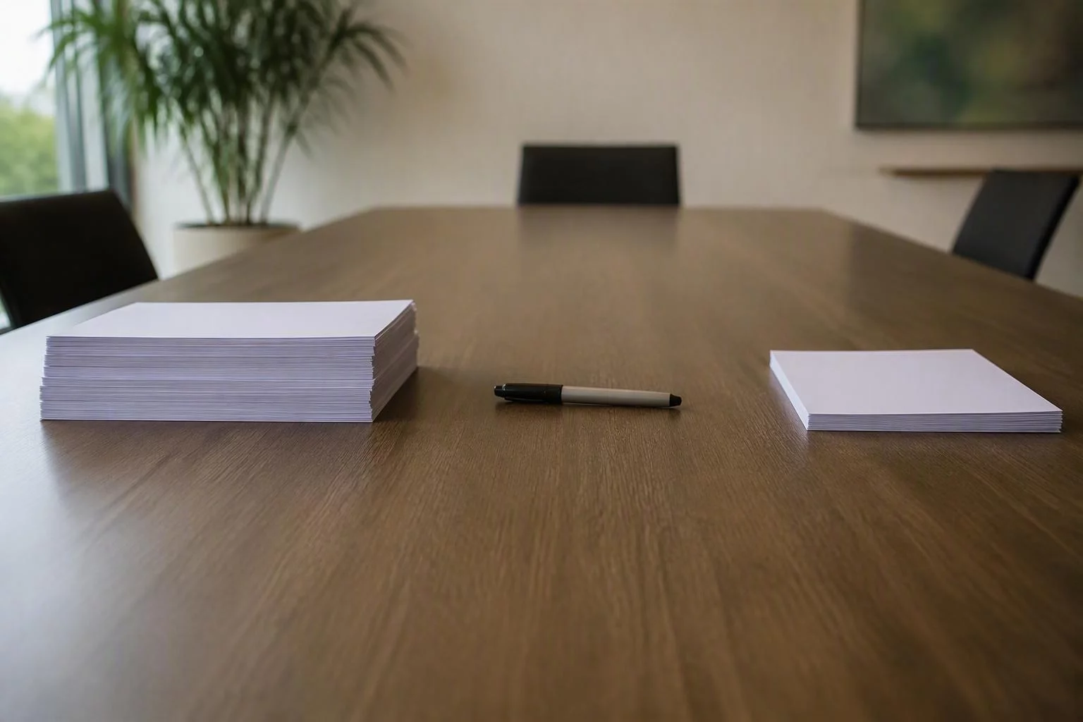 Duas pilhas de folhas separadas por um marcador sobre a mesa